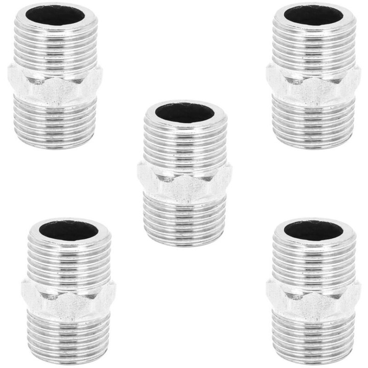Set de 5 fitinguri din otel inoxidabil cu filet de 1/2", pentru apa si gaz, 3cm