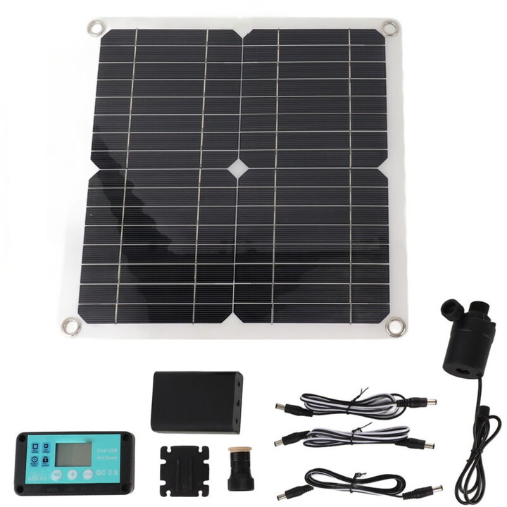 Pompa de apa solara, 50W, 22W, 800L/h, 5m, cu controller QC3.0 MPPT, dimensiune panou solar 28.5x28cm