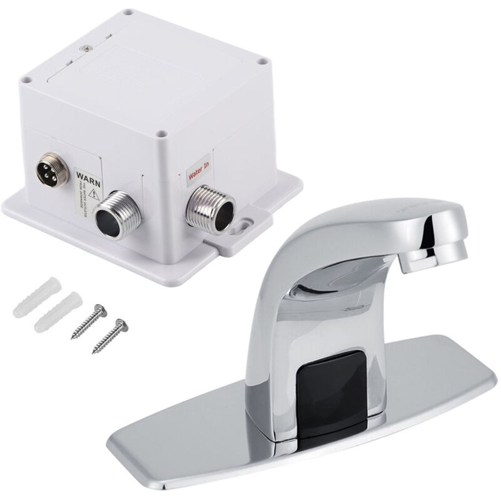 Robinet cu senzor infrarosu, baterie automata din aliaj zinc si alama, finisaj cromat, distanta senzor 33 cm, alimentare 4 x AA, conexiune G1/2, argintiu, 1 buc
