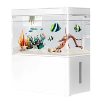 Mini acvariu, AFKSMILE, Cu lumina led si filtru, Design margini curbate, Pentru birou sau spatii mici, Plastic, 18x9.5x20cm, Alb