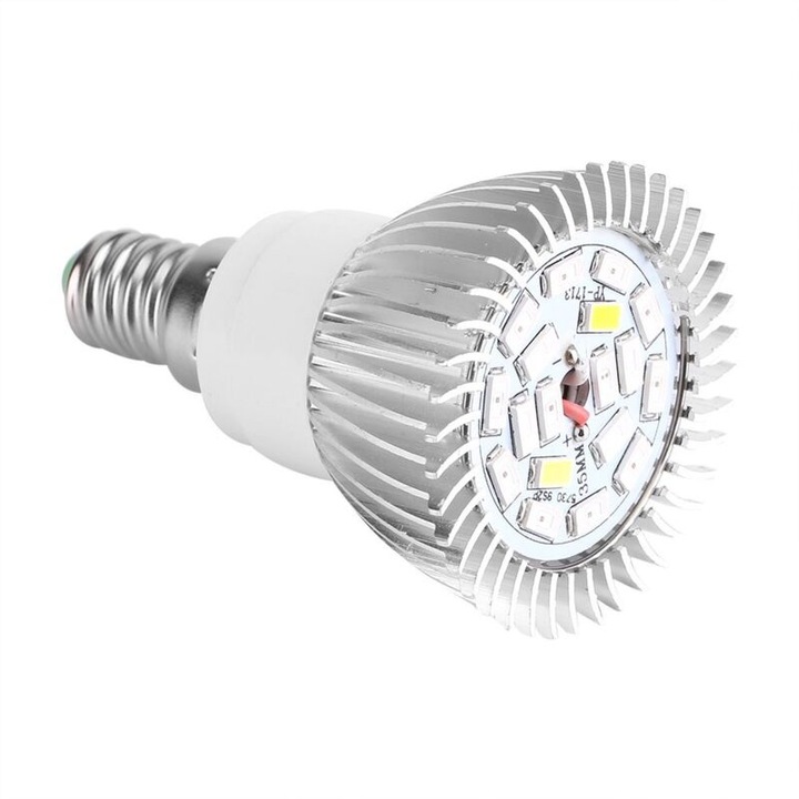 LED крушка 18W, пълен спектър, 18 LED-а, сребриста, 48x65мм, комплект за стайни растения