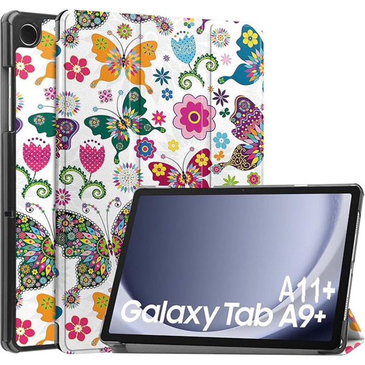 Tok Samsung Galaxy Tab A11+ Plus 2025 / A9+ Plus 2023 11 hüvelykes tablethez, automatikus alvás/ébresztés funkcióval, háromállású összecsukható kialakítással, mágneses flip fedéllel, PU műbőrből és PC tokból, pillangó mintával