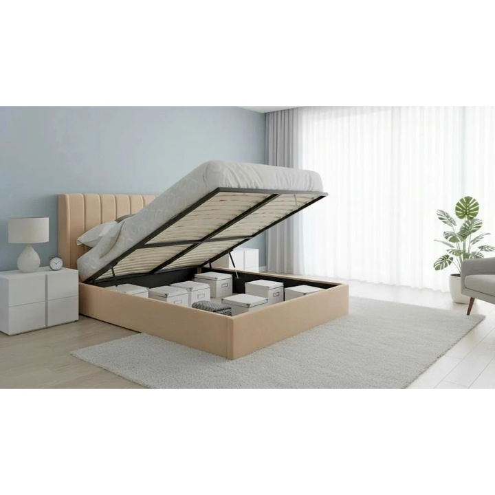Pat Tossino 180x200 cm Lada Depozitare Tapitat Catifea Nuanta Bej Somiera Inclusa (COD L17-05)