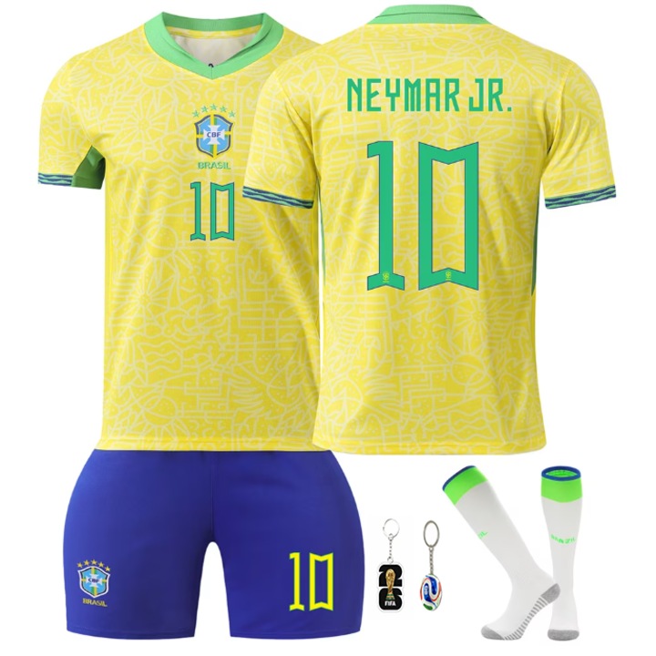 Set echipament fotbal copii Brazilia Neymar, Omelivon, galben, tricou, pantaloni scurti, sosete, 2 brelocuri, Galben