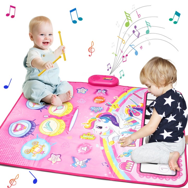 Interaktív és oktató zenei szőnyeg gyerekeknek dallamokkal és felvételi funkcióval, YSBER®, 90 x 70 cm, Piano Toba Music Mat - Touch & Learn, 6 hangszer, 13 hangbillentyű, állítható hangerő, 2 dobverő, Rózsaszín