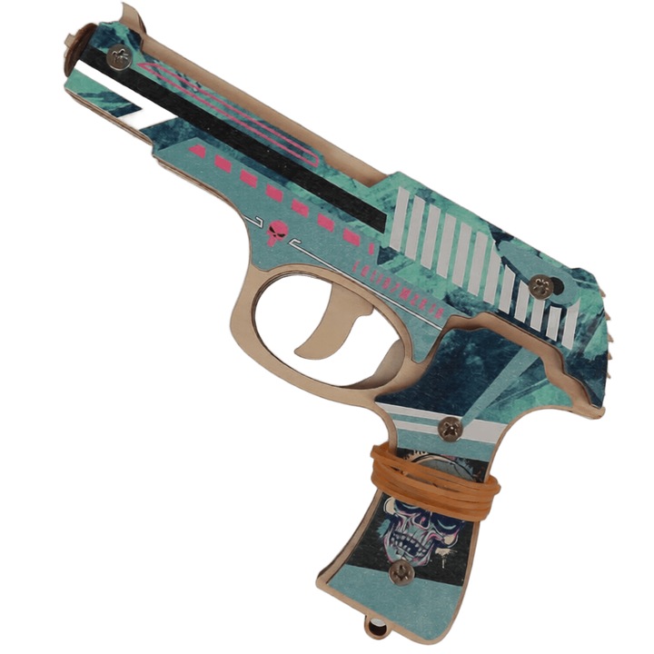 Pistol din Lemn cu Elastice pentru Copii, Design Cyber Mint Skull, Mecanism de Tragere Manual, 20x12 cm, Set Elastice Incluse