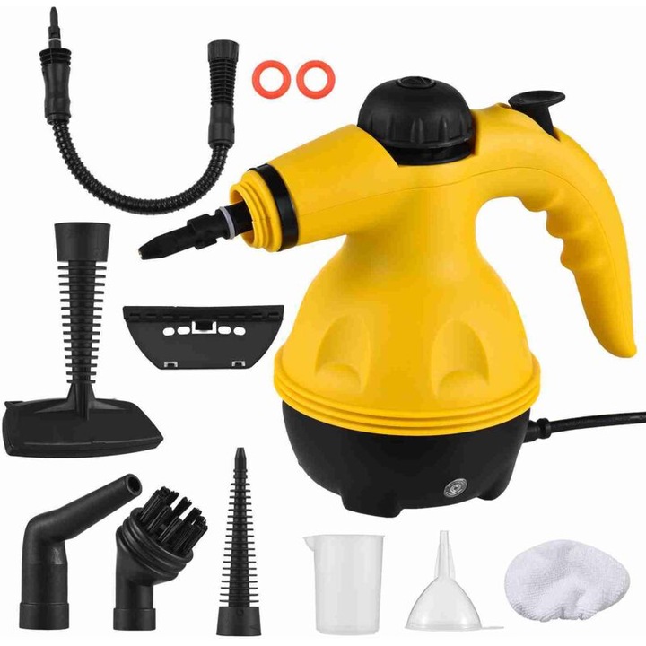 Curatator cu abur portabil, 1000 W, 3 bar, 26 g/min, capacitate rezervor 350 ml, 25x22x13 cm, galben, set cu 10 accesorii