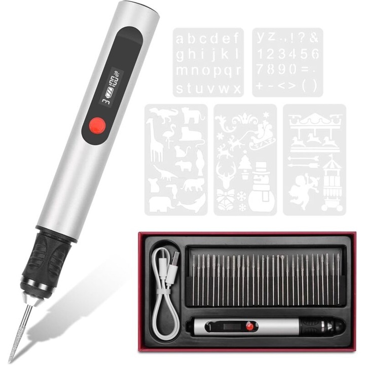 Електрически комплект за гравиране, модел E-110, 3 скорости, 30 остриета, USB-Type-C, 500mAh