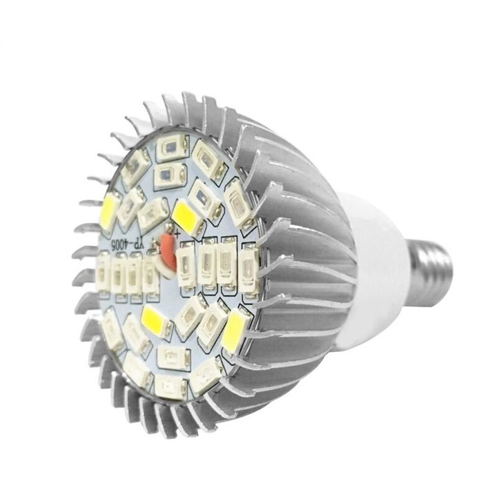 28W-os LED növekedési izzó, teljes spektrumú, E14, 16 piros + 8 kék + 2 meleg fehér, méretek 4,5x7,5cm