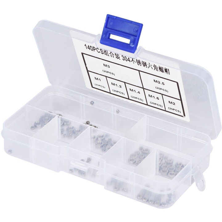 Set 140 bucati piulite hexagonale din otel inoxidabil M1/M1.2/M1.4/M1.6/M2/M2.5/M3