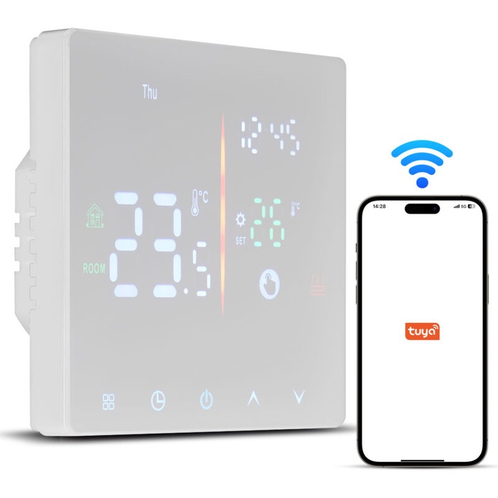 Интелигентен WiFi термостат, програмируем 5+2 дни, управление Tuya, LCD екран, за електрическо отопление, пълен комплект