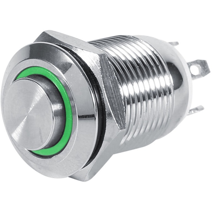 Intrerupator metalic waterproof momentary, 12mm, LED verde, 4 pini, dimensiune 0.7x2.2cm