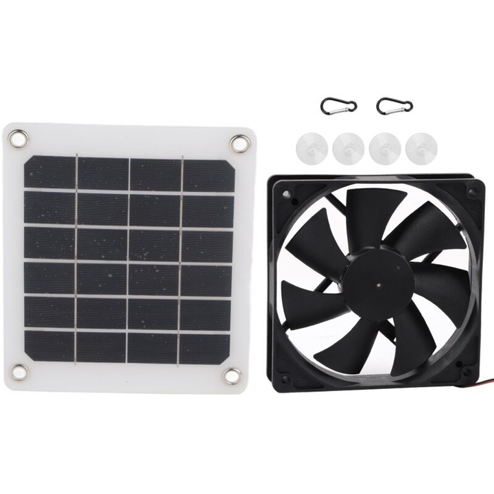 Szolár elszívó ventilátor, 10W, 6V, méretek 218x190x2,5mm, kiegészítőkkel együtt
