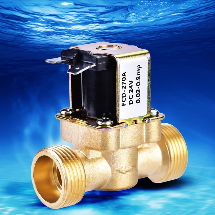 Sárgaréz mágnesszelep 3/4", 24V DC, áramlás akár 32L/perc, méretek 6x7cm