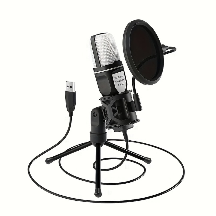 USB gaming mikrofon, kondenzátor, gyors némítás funkció, állvány, pop filter, RGB jelzőfény, 10x20cm