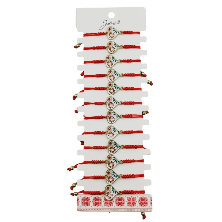 Martisor Karkötő Nőknek és Gyermekeknek, Jolie, Szív alakú Tavaszi Virág mintával, 12 darabos szett, Zománcozott Medál, Állítható Zsinór, Piros/Többszínű