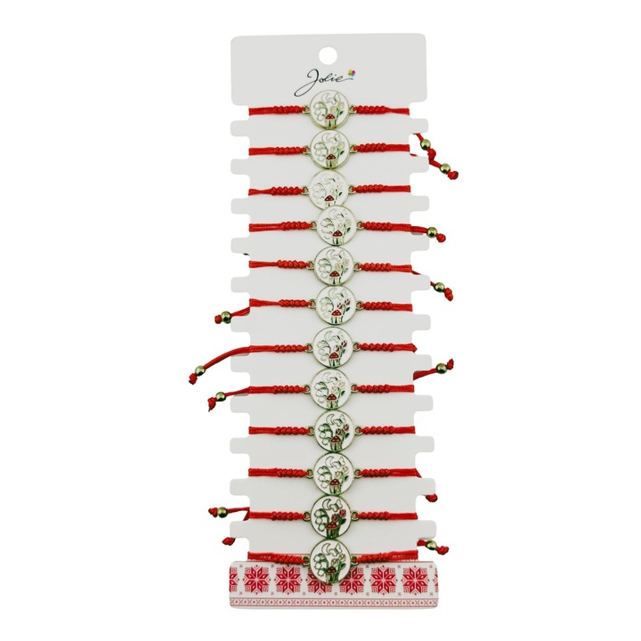Martisor Karkötő Nőknek és Gyermekeknek, Jolie, Varázskert Modell Gyöngyvirággal és Pillangóval, 12 darabos szett, Zománcozott Medál, Állítható Zsinór, Piros/Fehér
