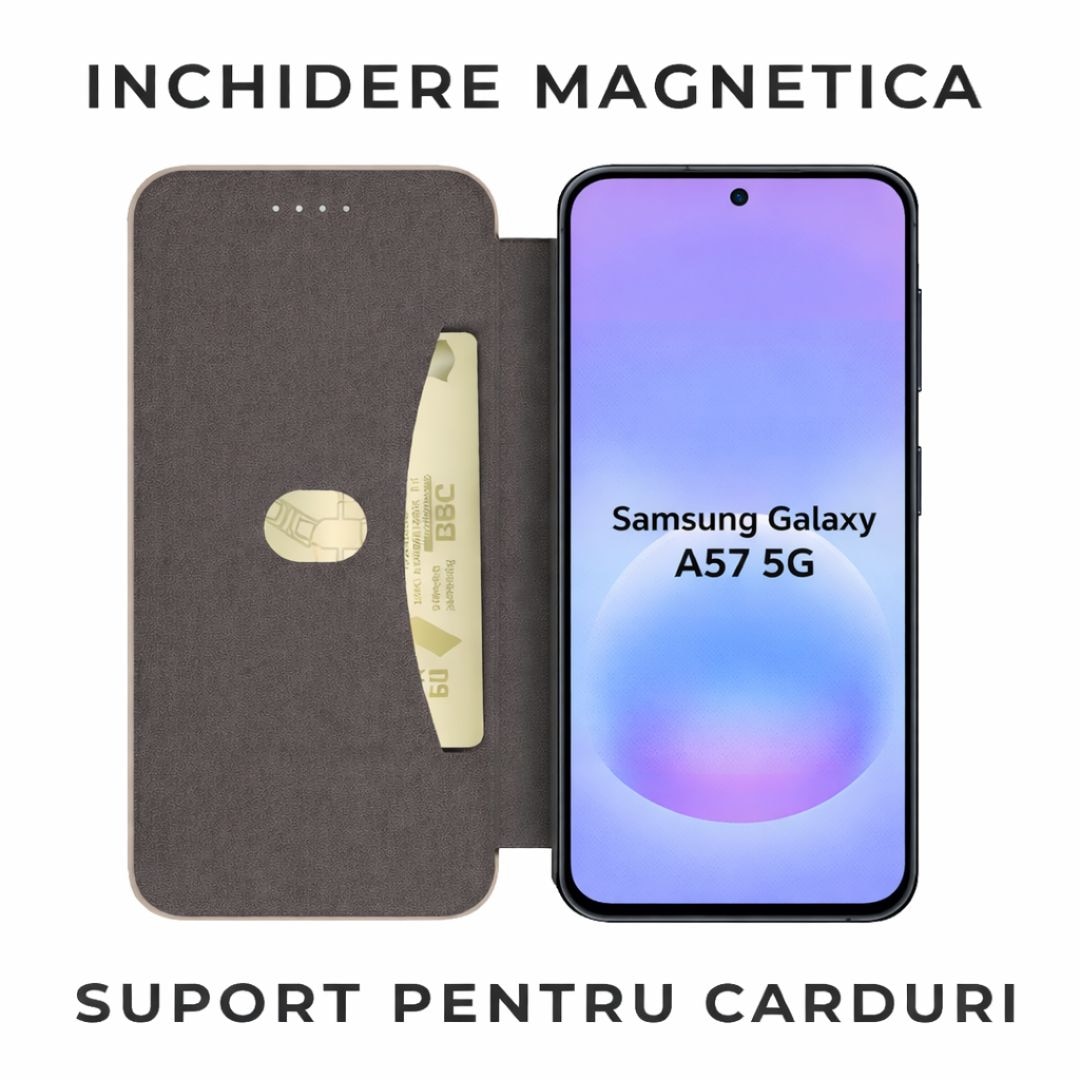 Husa tip carte pentru Samsung Galaxy A57 5G cu inchidere magnetica, Rezistenta la socuri, Functie de suport, Protectie completa (fata+spate) - Negru