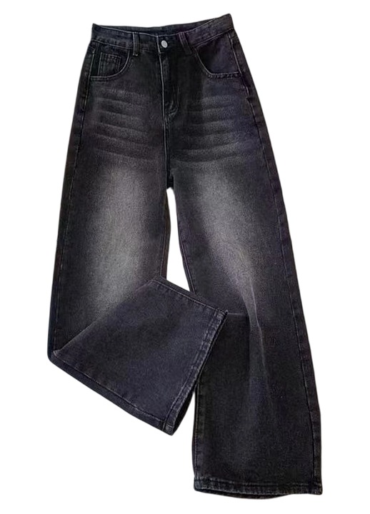 Pantaloni dama T809, talie inalta, negru/gri, denim
