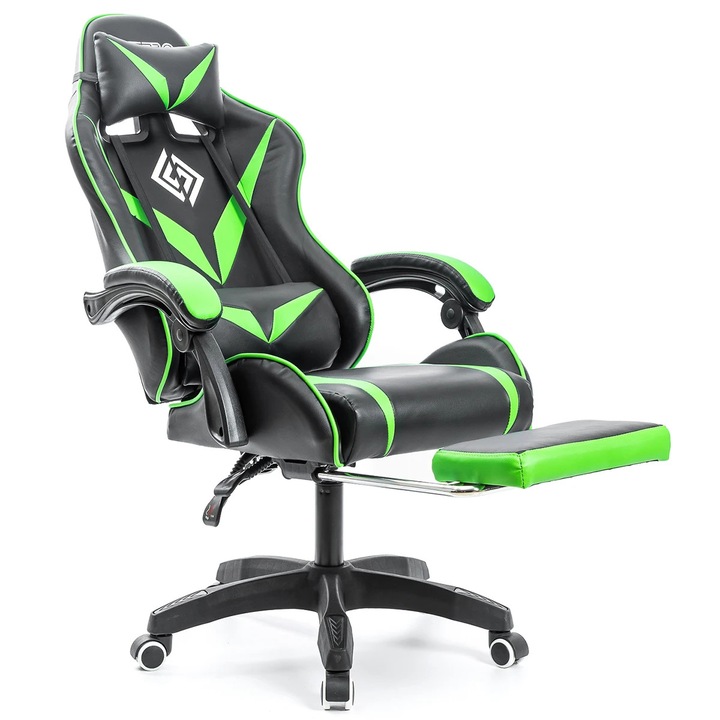 Gaming szék, ergonomikus irodai szék masszázzsal, behajtható lábtartó, dönthető háttámla, állítható karfák, maximális terhelhetőség 90 kg, zöld fekete