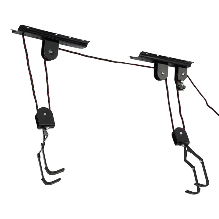 Kerékpár emelő, Csiga rendszer mennyezeti rögzítéshez garázsban, Acél, 60 kg terhelhetőség, 17 cm kampók, 1 kerékpárhoz, Robusztus felépítés, Fekete
