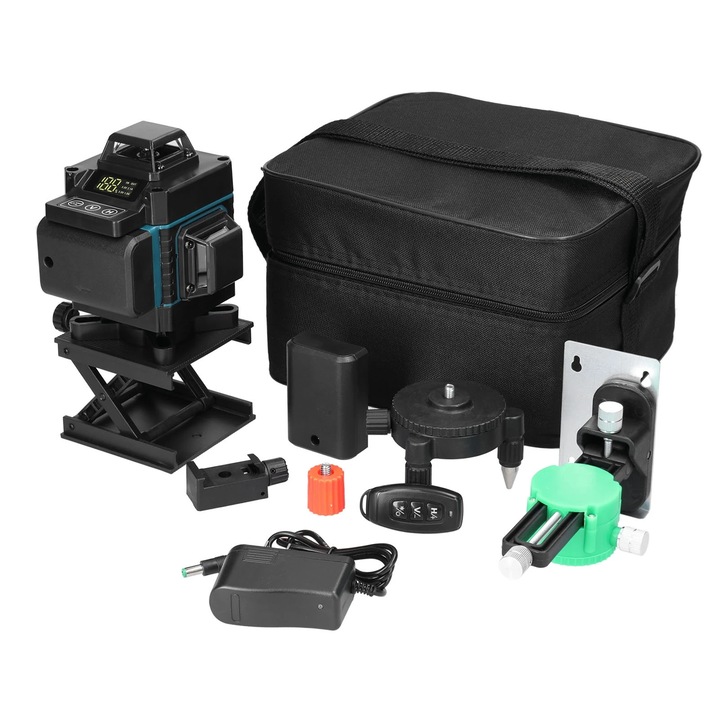 Nivela laser cu linii, 16 linii, Ecran LCD, Autonivelare 3°, Vertical & Orizontal, Fara baterie, Negru