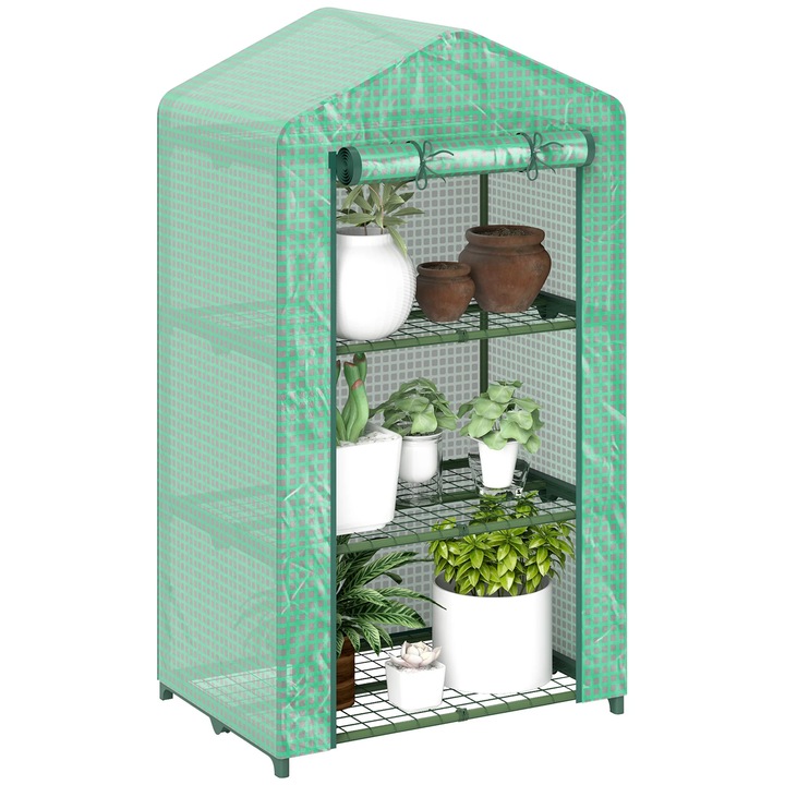 Sera de gradina, mini-sera 3 niveluri, cadru metalic vopsit in pulbere, husa PE cu protectie UV, usa rulou, impermeabila, 69x49x125 cm, verde