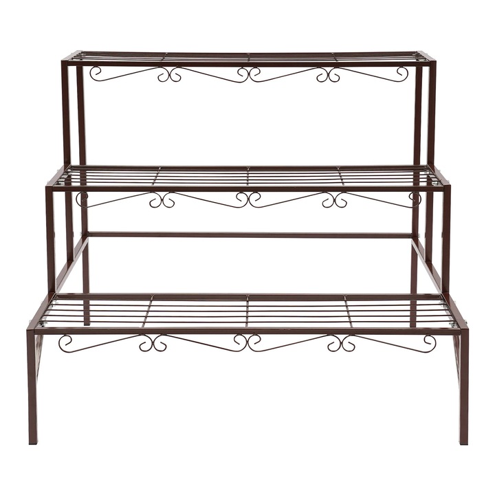 Suport plante, Etajera cu 3 niveluri din fier forjat, Design tip trepte, 20 kg pe nivel, Asamblare necesara, Bronz