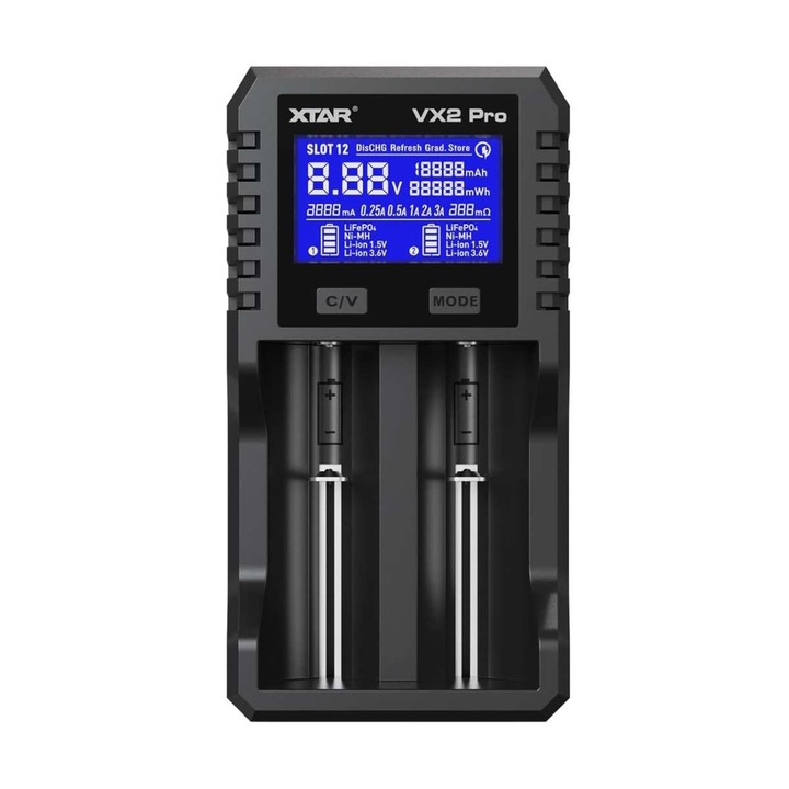 Incarcator universal cu doua porturi Xtar VX2 Pro, la priza 230V, incarca Li-Ion, Li-Fosfat, Ni-MH la 1.2V, 1.5V, 3.2V, 3.6V, 3.7V