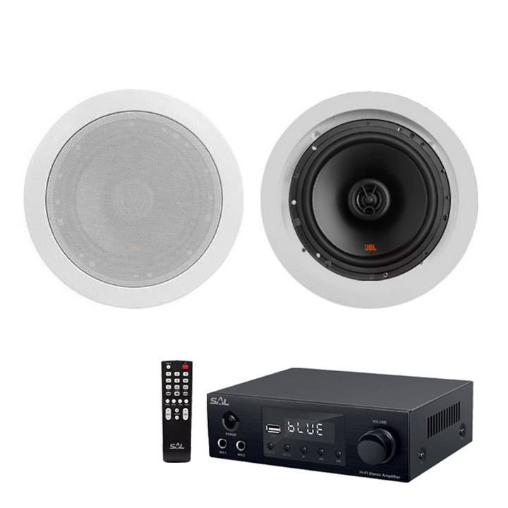 Sistem audio incastrabil in tavan JBL Stage Bass Bundle, 2 boxe, receiver cu Bluetooth, pentru Restaurant, Living-room, 2x40W RMS