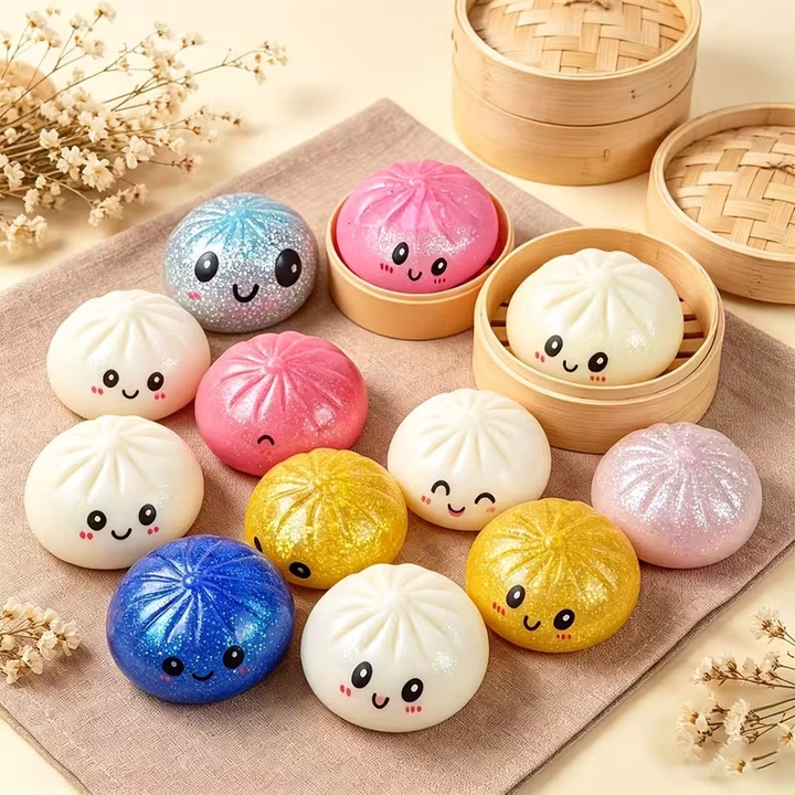 Jucarie Squishy Tip Bao/Dumpling Kawaii, Antistres, Multicolor cu Sclipici, Material Moale, Reutilizabila, Cadou Copii si Adulti, De Colectie, Cutie Inclusa