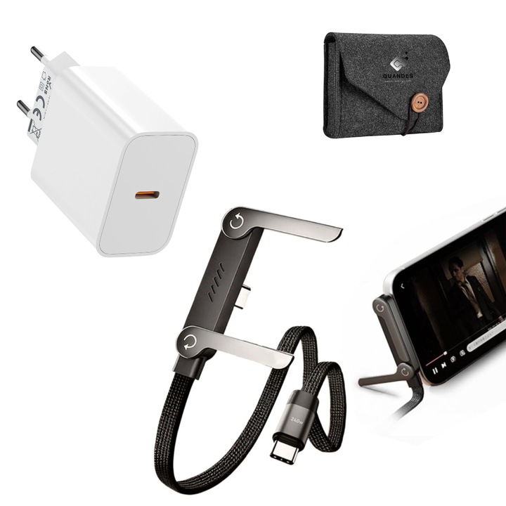 20W PD töltőkészlet, USB-C – USB-C PD 3.1 kábel, gyorstöltés, 1,5 m, Dual Type-C 240W, textil anyag, összecsukható telefontartó, QUANDES® védőtáskával