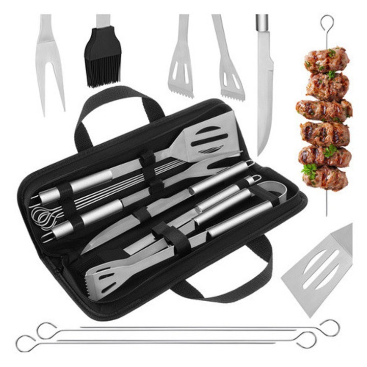 Set de 9 accesorii pentru gratar Kaminer, cu geanta de transport, Inox, Argintiu
