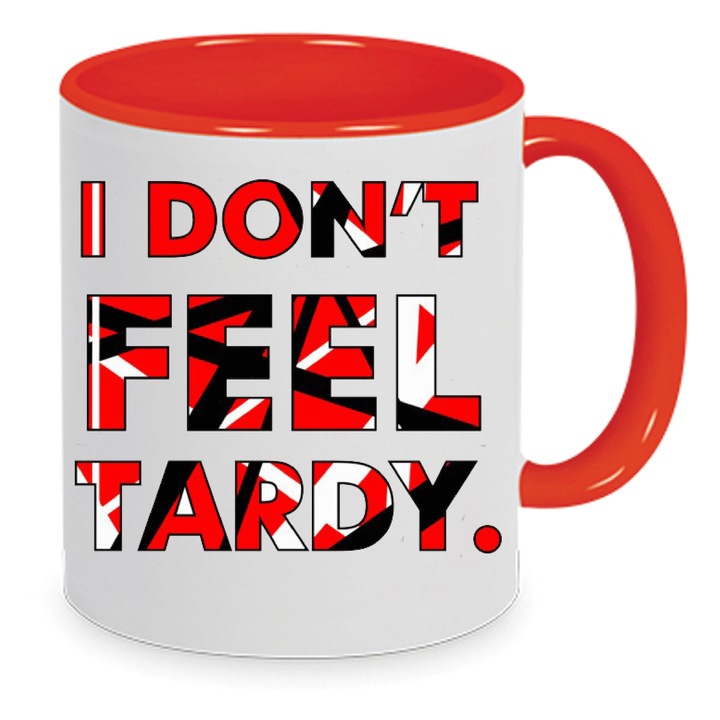 Cana Van Halen "I Don't Feel Tardy", ceramica premium, 330ml, alb cu accente rosii, rezistenta la spalare in masina