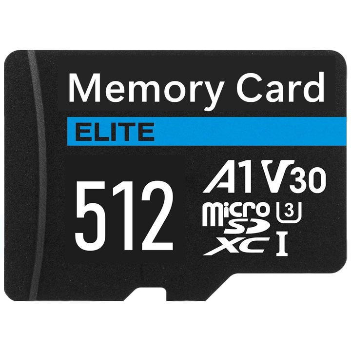 Card de memorie MicroSDXC 512GB, UHS-I U3 A1 V30, viteza de citire 100MB/s, cu adaptor SD