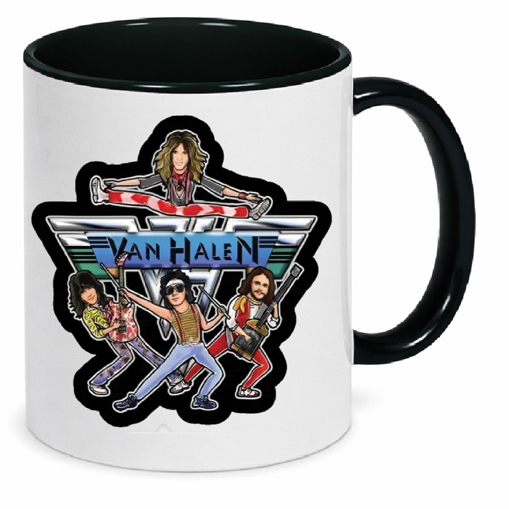 Cana Van Halen No5, ceramica premium, 330ml, alb cu accente negre, rezistenta la spalare in masina