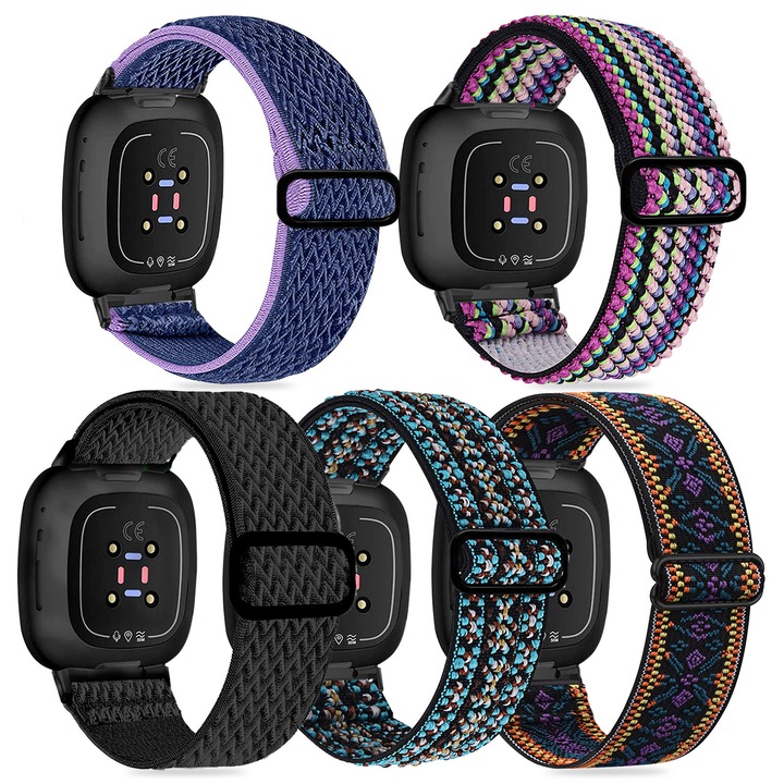 Linklife, kompatibilis Fitbit Sense/Sense 2/Versa 3/Versa 4 karkötőkkel nőknek és férfiaknak, puha és rugalmas nylon sportpánt, Solo Loop modellIbolya+Fekete+Zöld+Szivárvány+Kék