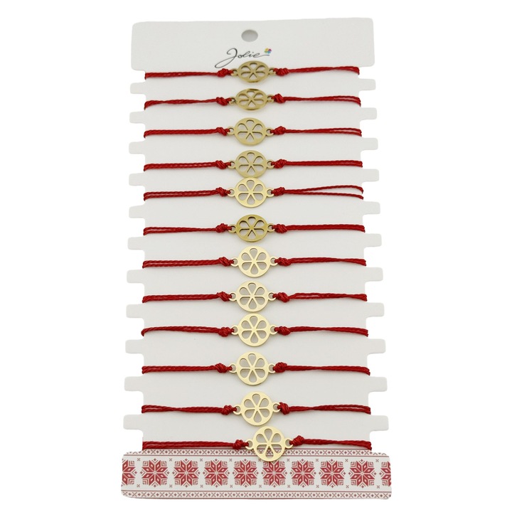Martisor karkötő hölgyeknek, Jolie, Virág modell, 12 darabos szett, Arany rozsdamentes acél medál, Állítható fonott zsinór, Piros