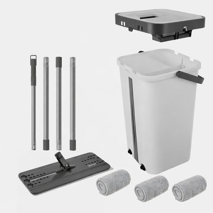 Mop plat cu storcator JOYMOOP, Galeata 2 compartimente 11L, Sistem apa curata/murdara, 3 rezerve, Rotatie 360°, Stoarcere fara maini