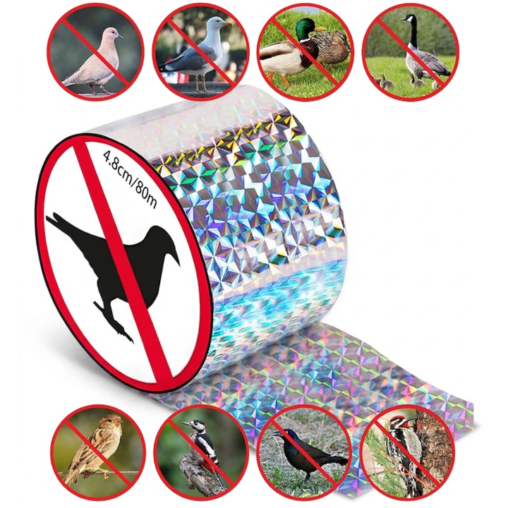 Banda Anti Pasari TrioStore® Holografica Reflectorizanta 80 m, Banda Anti Porumbei Pentru Balcon Gradina Acoperis, Banda Reflectorizanta Pasari Si Banda Sperietoare Pasari Holografica, Protectie Eficienta Balcon Acoperis Gradina Impotriva Porumbeilor