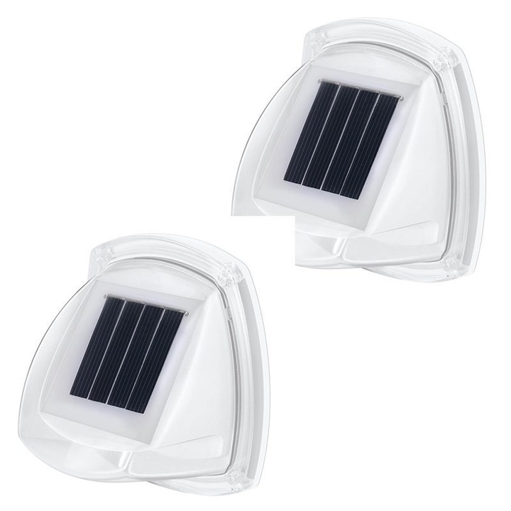 Lampa Solara LED pentru Gradina, Set 2 Bucati, Tip Aplica pe Perete, 8.5 x 9 cm, 2V, ABS, 600mAh, Rezistent la apa, 8 LED-uri Alb Calda, Alb, Damur