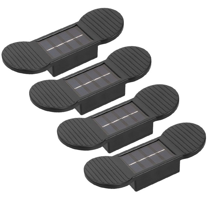 Aplica solara LED, Set 4 Bucati, ABS / Policarbonat, rezistenta la apa IP65, 2 LED-uri SMD pentru perete, scari, 1.2V, 600mah, 16 x 5.9 x 3.3 cm, Lumina Alb calda, Negru, Damur