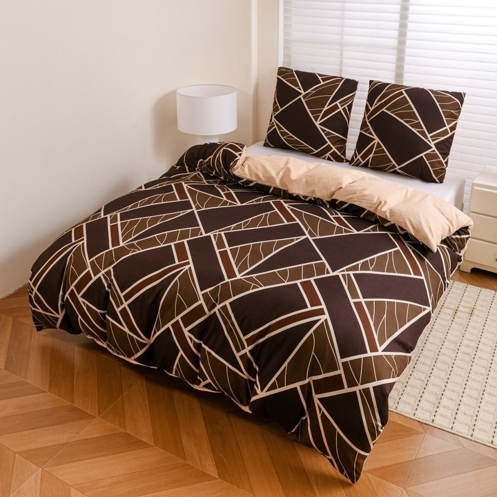 Set de lenjerie de pat 140x200 bumbac satinat fata-verso GierekHoff gros 2 piese GH 3138 Mozaic Ciocolata