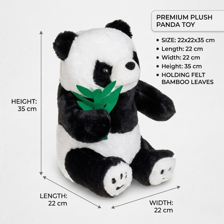 Plüss Panda Maci Bambuszlevéllel, 35 cm Magas, Ülő Pozíció, Bársonyos Textúra, Valósághű Design, Fehér/Fekete, Ideális Ajándéknak és Szobadekorációnak