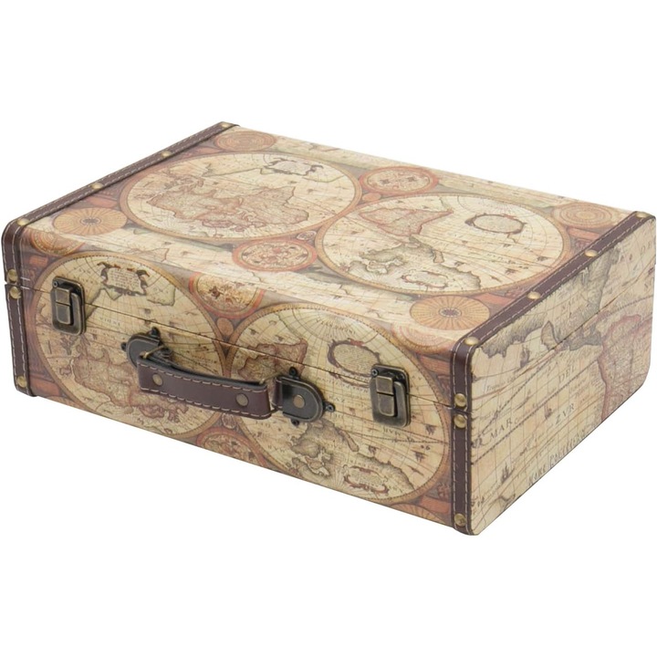 TRS dekoratív fa bőrönd, vintage, világtérképpel, 38x26x13cm, többszínű