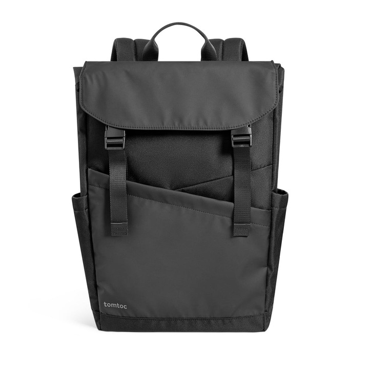 Rucsac TomToc Slash-T64 Flip 16 inch, capacitate 18L, ultra-usor (699g), material eco rezistent la apa, fermoare YKK, compartiment laptop protejat, inchidere flap cu catarame rapide, buzunare laterale, design urban minimalist, negru