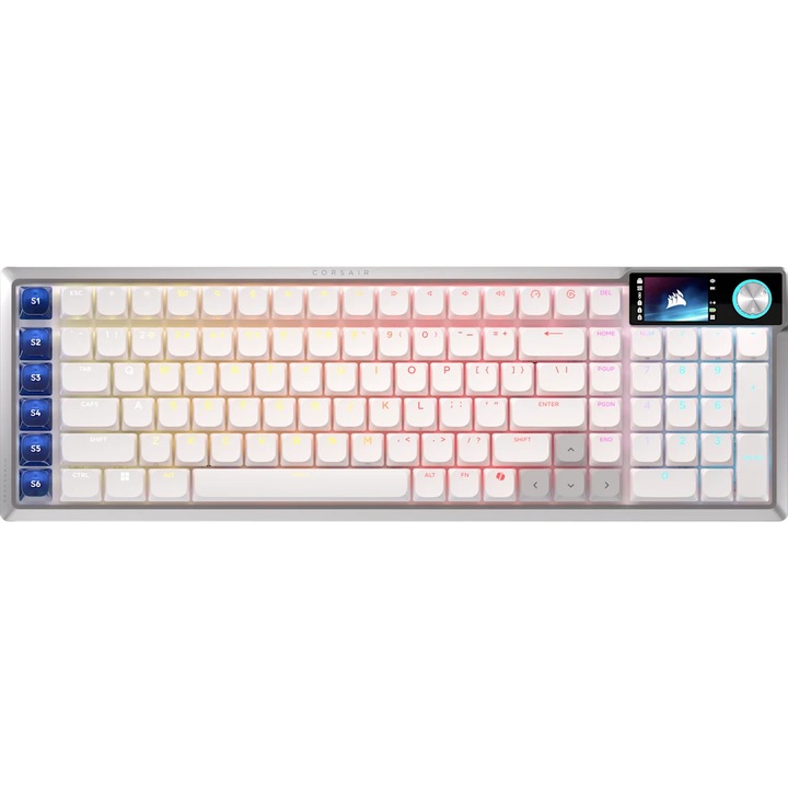 Tastatura mecanica gaming Corsair VANGUARD AIR 2.4GHz wireless/Bluetooth®, LCD screen, OPX Low Profile Switches, Elgato virtual Stream Deck integration, alb