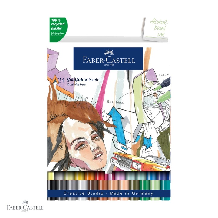 Set 24 markere cu 2 capete Faber-Castell Goldfaber Manga, cerneala pe baza de alcool, pentru desen artistic si ilustratie