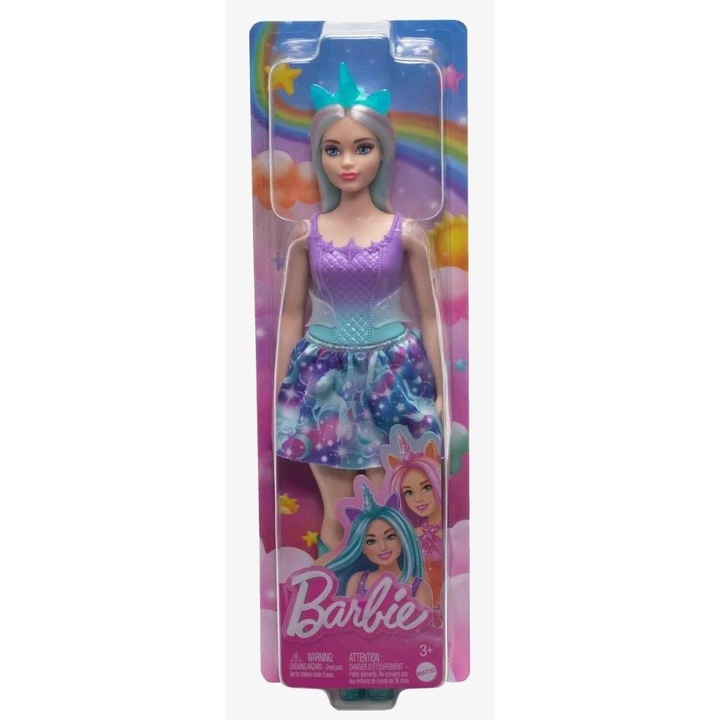 Кукла Mattel Barbie Unicorn HRR15, с дълга ментова коса, включва лента за глава с рог и подвижна опашка, Многоцветен, 1 бр.