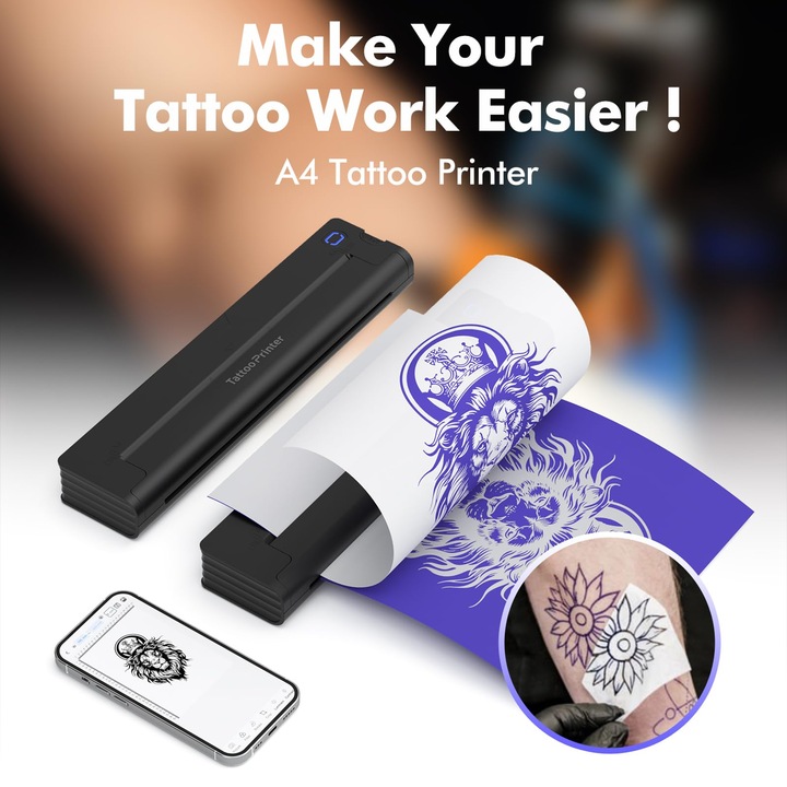 Imprimanta Termica Tatuaje CASAMEDI®, Wireless, Bluetooth, USB, Acumulator, Nano Thermal, Portabila, Hartie A4 termica de test, Fara Cerneala, Compatibil cu iOS/Android, Windows, APP, Negru
